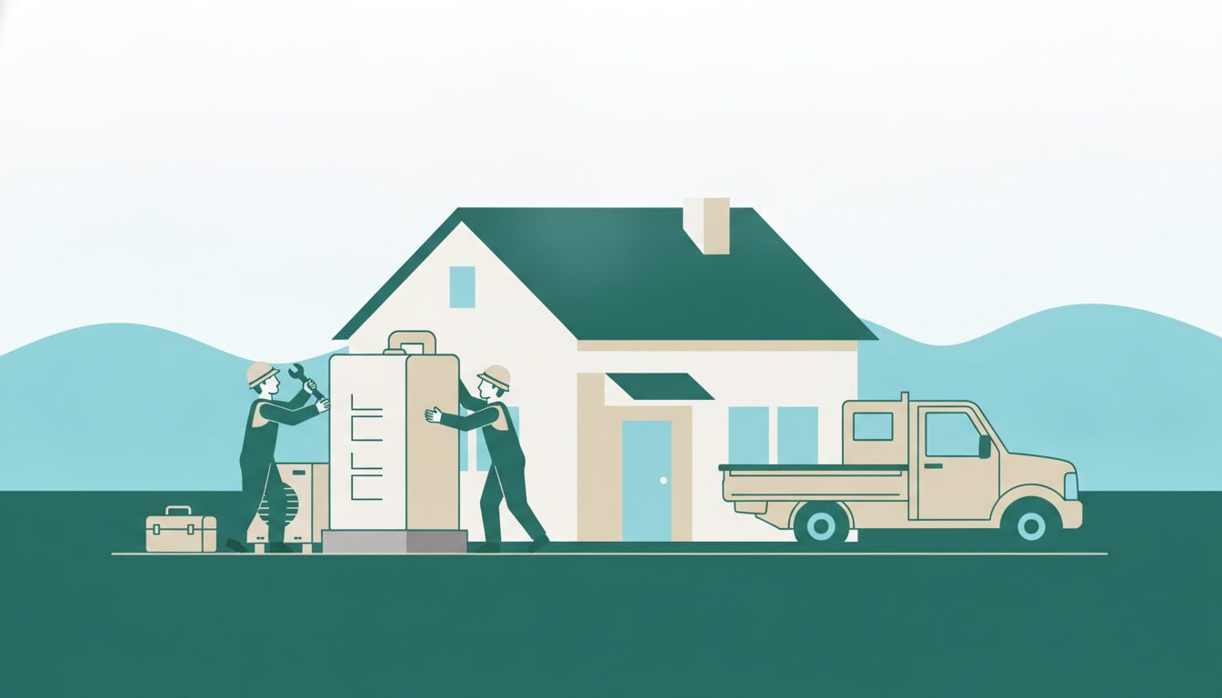 新しいエコキュートの貯湯タンクと室外機を住宅に設置する交換工事のイラスト