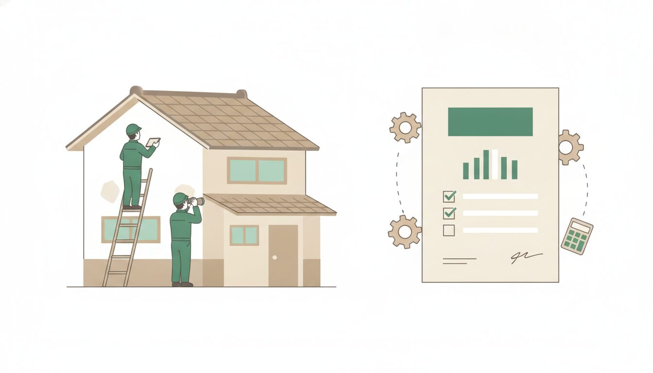 住宅の外壁や屋根を点検する作業員と、費用を示す書類のイラスト