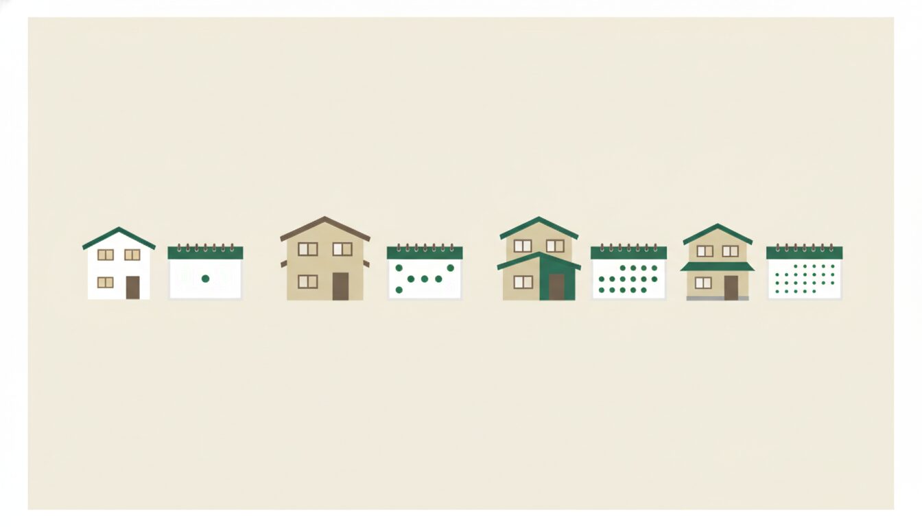 築年数ごとの点検時期を示すカレンダーと住宅のイラスト