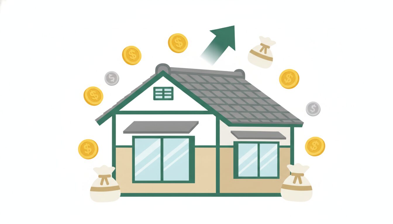 補助金で内窓を設置する住宅と、給付をあらわすコインのイラスト