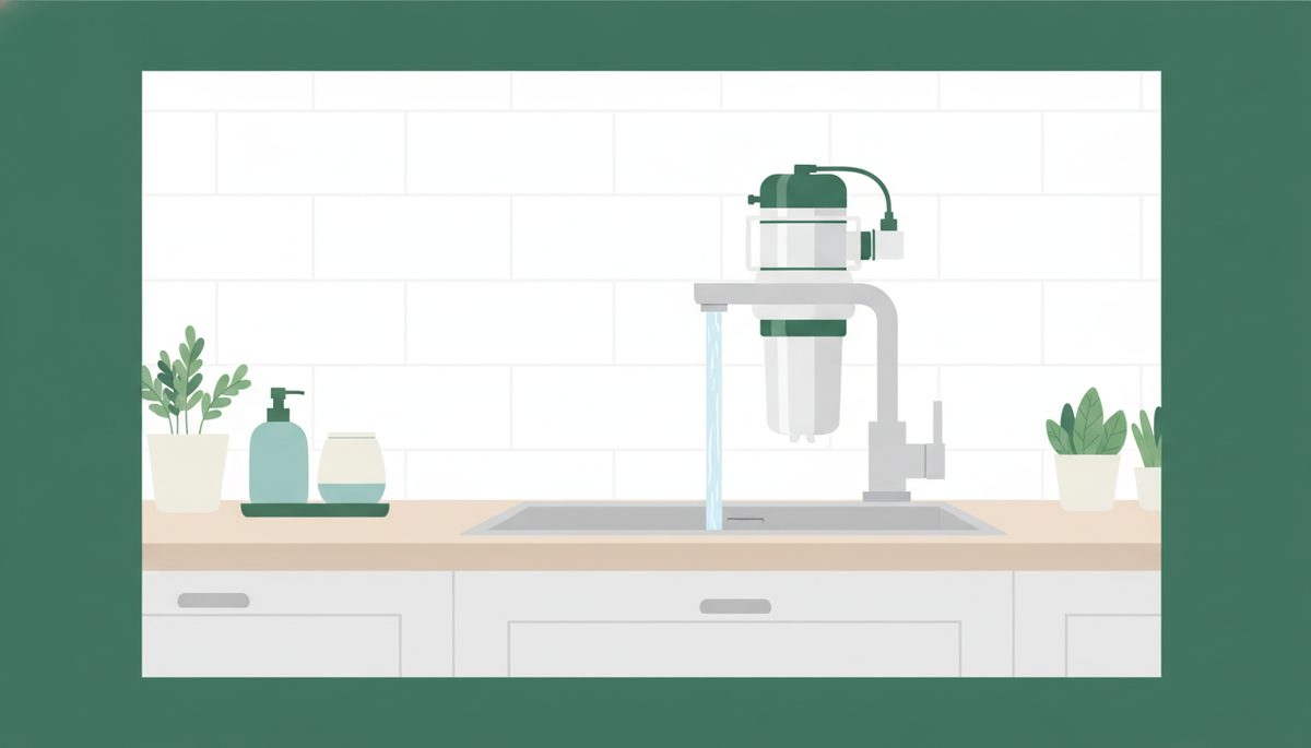 キッチンの蛇口に取り付けた浄水器から水が流れるイラスト