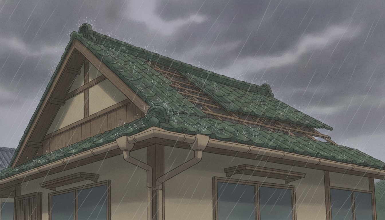 台風で屋根の一部がずれ、雨どいが外れた住宅のイラスト