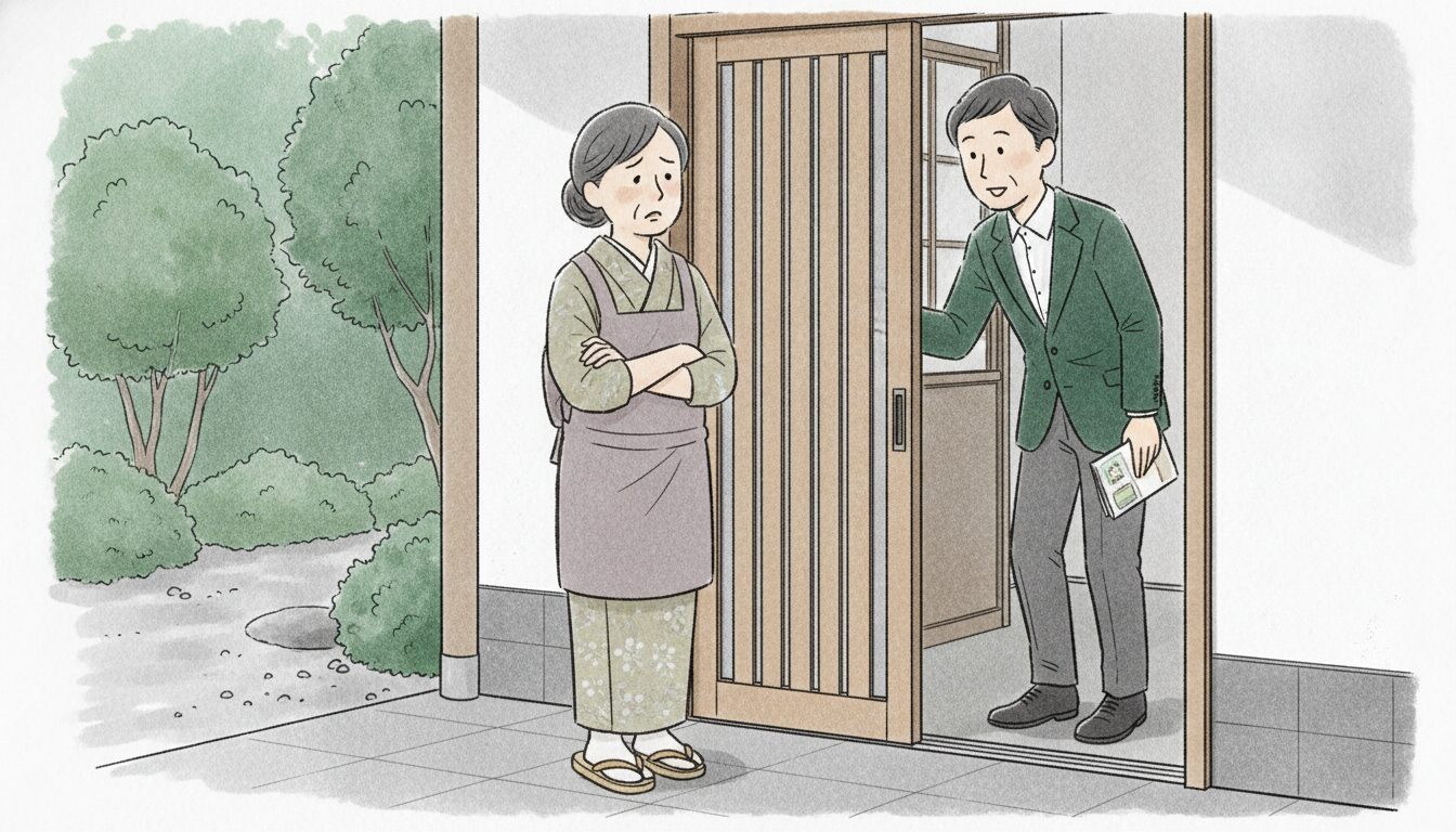 自宅に訪問してきた業者の勧誘に困っている家主のイラスト