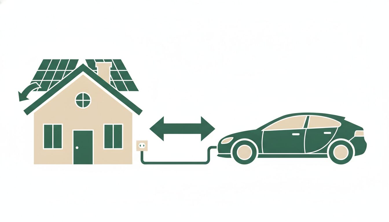 電気自動車と家のあいだで電気が双方向に流れ、太陽光からも給電されるV2Hの仕組みのイラスト