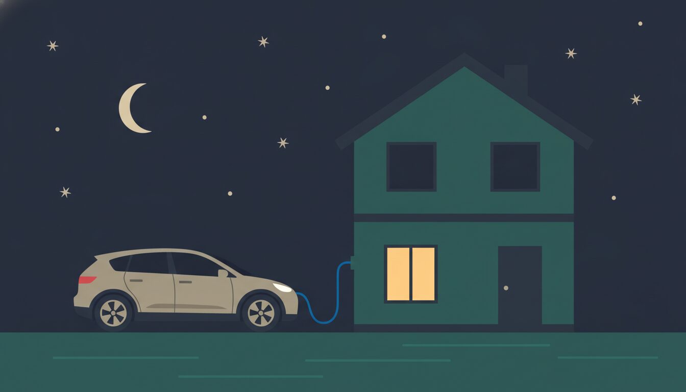 停電した夜に電気自動車から家へ電気を供給し窓に明かりがともる住宅のイラスト