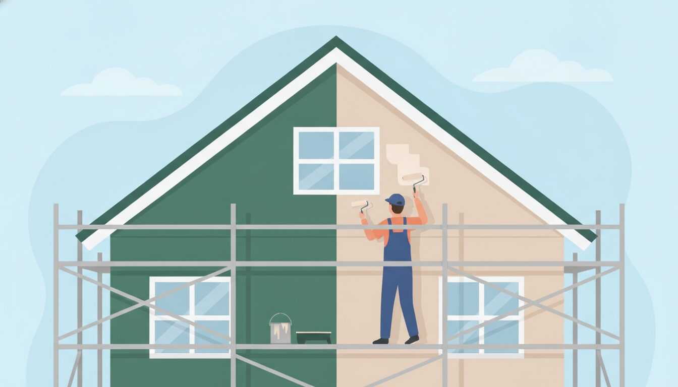 足場を組んだ一戸建ての外壁をローラーで塗る塗装職人のイラスト