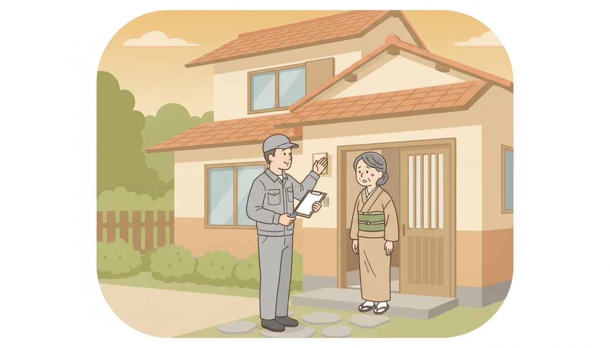玄関先で訪問業者から屋根の点検を勧められて戸惑う家主のイラスト