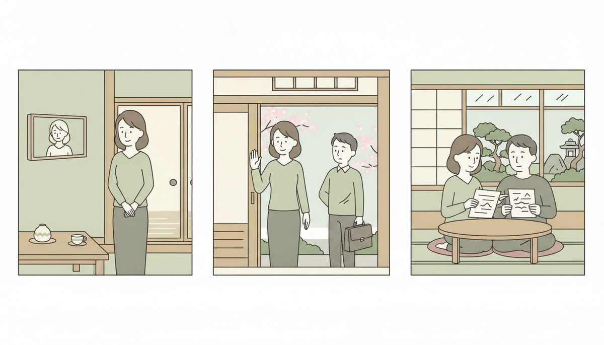 インターホン越しの対応、玄関先での断り方、点検後の対応の3つの場面を示すイラスト