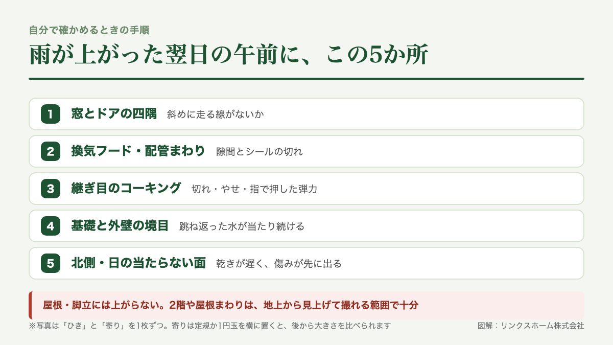 外壁のひび割れを自分で確認するときに見る五か所と、屋根や脚立に上らないという注意点を示した図解